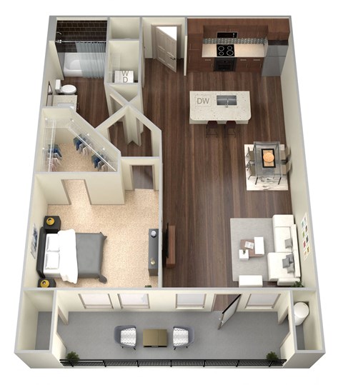 Floor plan for 1 bed, 1 bath, 672 sqft